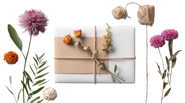 Gift of Floral Elegance: A beautifully wrapped gift, adorned with delicate dried flowers, exudes an air of vintage charm and thoughtful gifting. The scene is completed with natural twine.