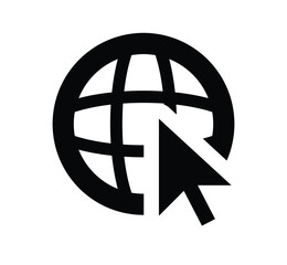 Black and white graphic of a globe with grid lines and a cursor pointing to the globe surface icon