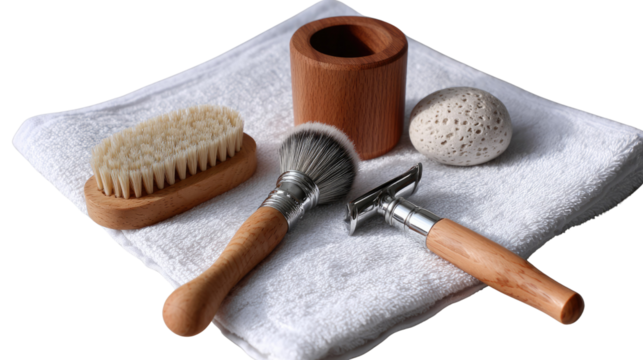 Grooming Essentials: A close-up view presents a curated collection of grooming essentials including a shaving brush, razor, pumice stone, and toothbrush, all thoughtfully arranged on a plush towel.