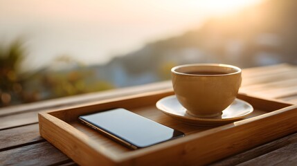 Obraz premium Ceramic beverage cup and modern communication device rest upon a wooden tray outdoors during sunrise