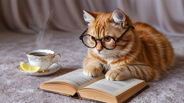 Cute Orange Cat Wearing Glasses Reading Book with Steaming Tea Cup