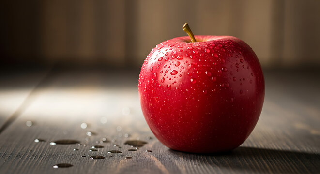 A single, perfect red apple covered in glistening water droplets sits on a dark wooden table, illuminated by soft, warm light, evoking freshness, health, and natural simplicity.