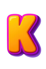 Stylized 3d cartoon letter k with orange textured surface and purple glossy outline isolated on transparent background