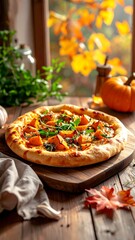 Delicious Pumpkin Pizza with Autumnal Window View and Maple Leaf.