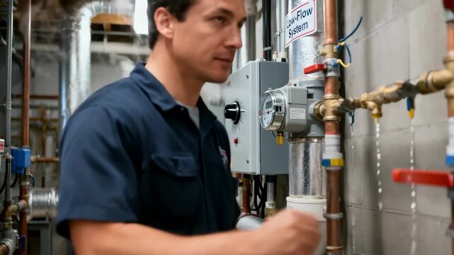 Professional finetunes lowflow water pressure in commercial facility to conserve water and maintain consistent supply for daily operations