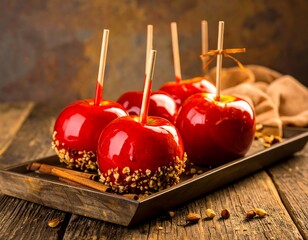 Delicious Red Candy Apples on a Wooden Tray.