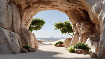 The Desert Cave: A natural sandstone cave frames a tranquil vista of the desert and sky. a sense of sanctuary and a serene connection with nature.