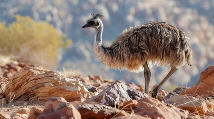 An emu strides across a rocky, desert landscape. Soft-focus background suggests heat and distance