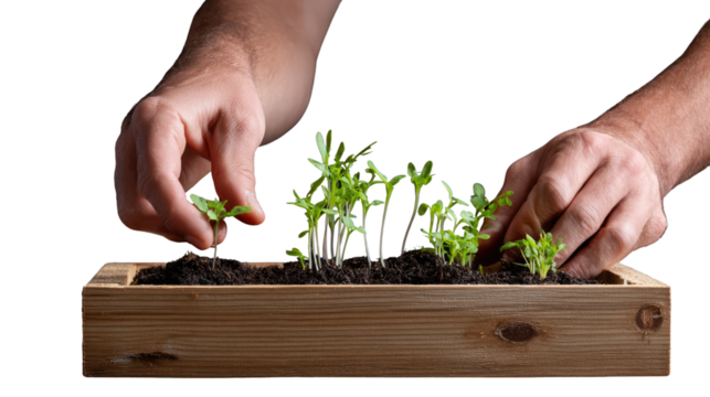 Nurturing Life's Beginnings: Close-up of hands gently tending to sprouting seedlings in a wooden planter, symbolizing growth, care, and the nurturing aspect of human touch.