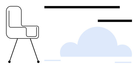 Abstract chair with thin legs beside a soft cloud shape and floating bars. Ideal for workspace, comfort, technology, innovation, remote work, simplicity, creativity. Clean and simple flat metaphor