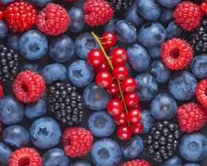 Vibrant flat lay of assorted fresh berries including blueberries, raspberries, blackberries, and red currants. Perfect for healthy food, organic fruit, and summer concept visuals.