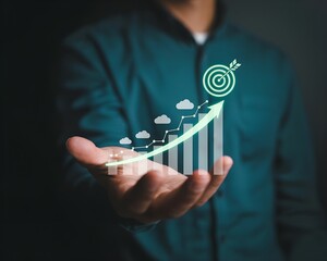 A businessman holding a glowing arrow and chart symbolizing business growth, success, and financial progress toward target goals.
