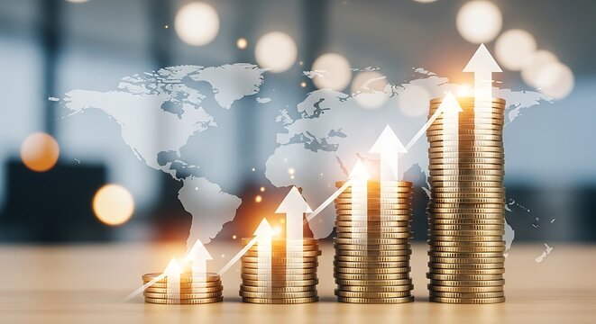 Photo of global financial growth illustrated by rising stacks of coins and upward arrows against a world map backdrop