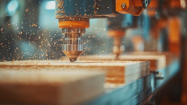 Automated CNC Milling Machine Cutting Wood with Flying Sawdust, Precision Woodworking, Industrial Manufacturing, Modern Technology, Carpentry, Close-up Shot