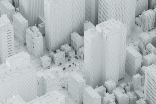 3D cityscape with white skyscrapers and clean blocks