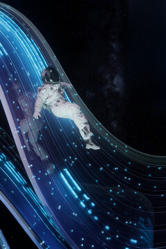 Astronaut sliding on 3D lightpath through galaxy space