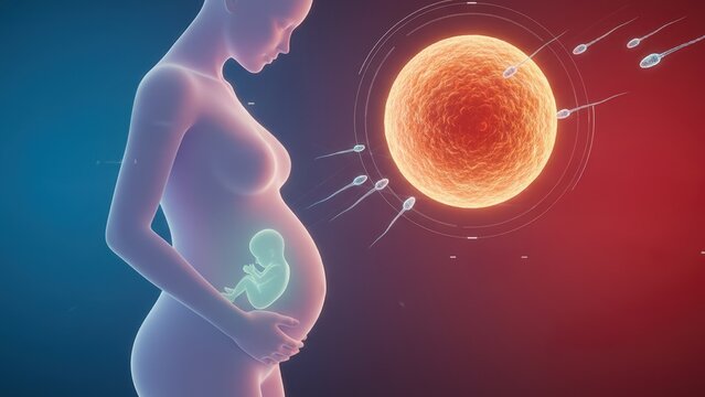 A pregnant woman torso silhouette with abstract embryo and glowing cell sphere in red blue medical gradient space pregnancy, gestation, fetus, amniotic life - Powered by Adobe