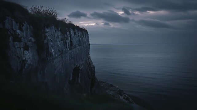 Dramatic cliff face overlooking a dark, moody sea under a cloudy twilight sky, rugged coastline and ocean expanse at dusk
