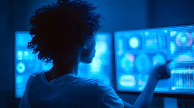 Woman with dark curly hair interacts with glowing holographic data screens in low light