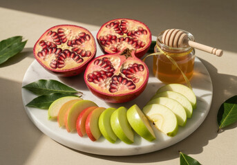 Fresh pomegranate halves, honey jar, and sliced apples arranged on a round marble tray with green leaves in natural sunlight