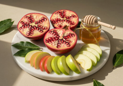 Fresh pomegranate halves, honey jar, and sliced apples arranged on a round marble tray with green leaves in natural sunlight