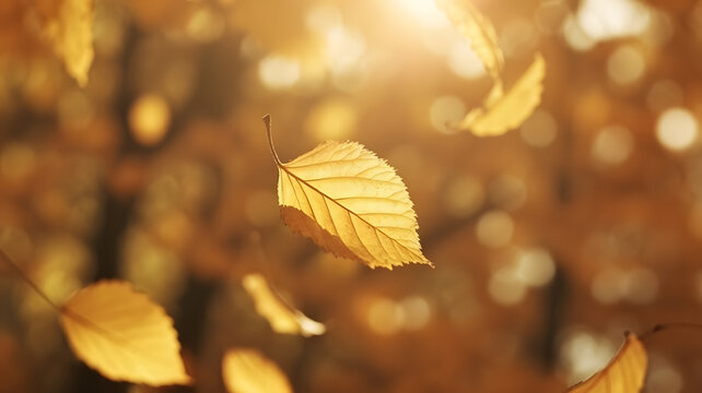 Golden leaves falling in sunlight, autumn season.