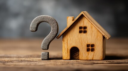 Wooden house model with a question mark symbolizing home buying uncertainty and the search for perfect dwelling solutions in real estate market