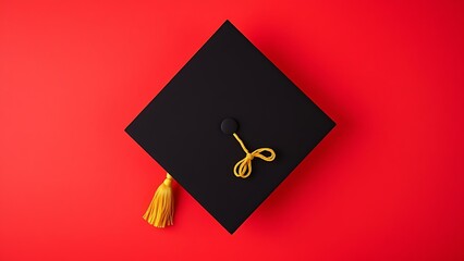 Graduation cap with tassel and bow on solid red background.