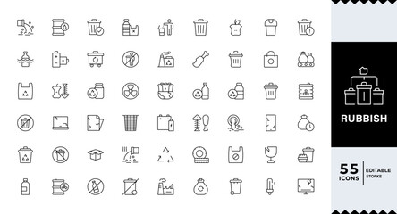 Waste and Rubbish icon set featuring minimal line symbols for garbage, trash bins, recycling, ecology, pollution control, and sustainable waste management concepts