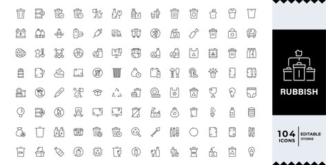 Waste and Rubbish icon set featuring minimal line symbols for garbage, trash bins, recycling, ecology, pollution control, and sustainable waste management concepts