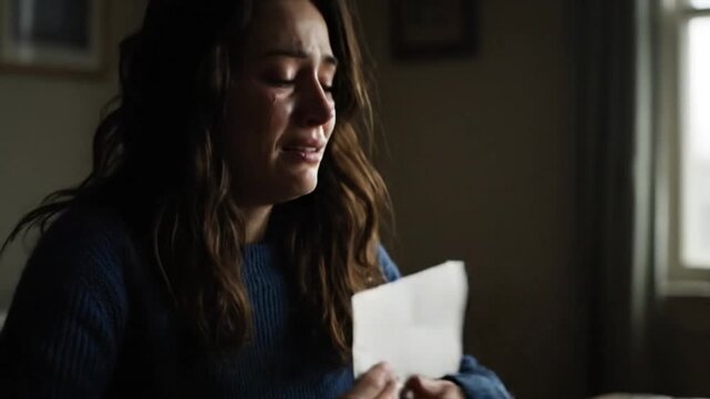 A distraught young woman weeps openly while clutching a document indoors.