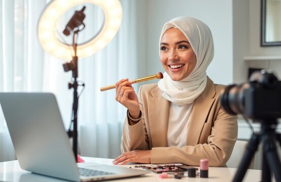 Muslim beauty blogger in hijab records video tutorial with professional camera. Smiling woman influencer streams live, applies makeup with brush in front of ring light. Young female vlogger at desk - Powered by Adobe