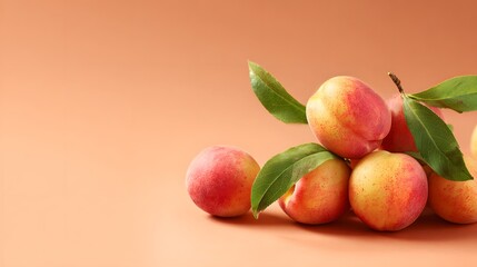 Ripe peaches with green leaves resting on a solid pastel surface with copy space