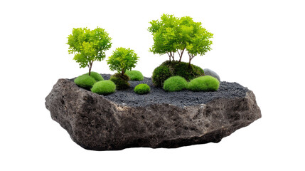 Miniature Landscape: A captivating miniature landscape on dark stone is adorned with vibrant green plants. A harmonious blend of nature, conveying serenity and tranquility.