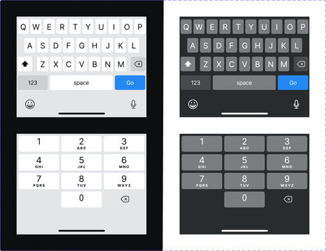 Mobile keyboard interface design for smartphone application with light and dark theme variations design on transparent background