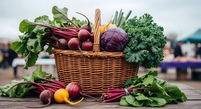 Abundant harvest of fresh organic root vegetables and leafy greens in a wicker basket at a farmers market