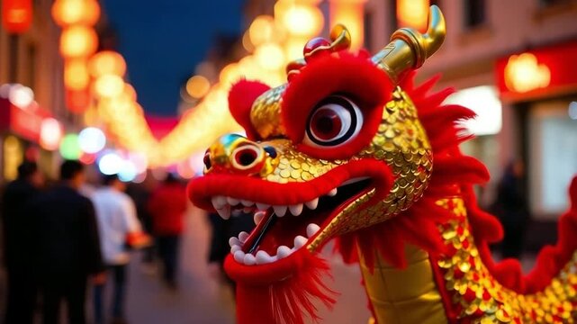 Vibrant dragon dance performance during festive celebration, showcasing intricate details and lively atmosphere, camera zooms in on the dragon's expressive features