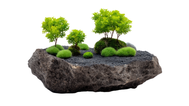 Miniature Landscape: A captivating miniature landscape on dark stone is adorned with vibrant green plants. A harmonious blend of nature, conveying serenity and tranquility.