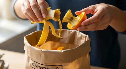 Composting Food Waste with Banana Peel and Orange Into Compostable Bag