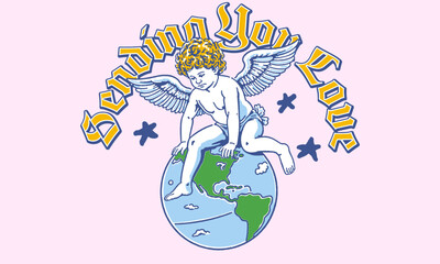 World love concept with Cupid angel. Vintage artwork of cherub sitting on planet Earth for t shirt print, poster, sticker. Amor slogan for Earth Day vector graphic.