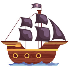 Pixel Art Pirate Ship Sailing on Blue Water with Skull and Crossbones Flag on a Transparent...