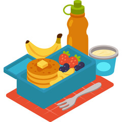 Pixel Art Lunchbox Filled With Pancakes Berries Bananas And Yogurt With Orange Water Bottle And Fork On Red Checkered Mat With Transparent Background