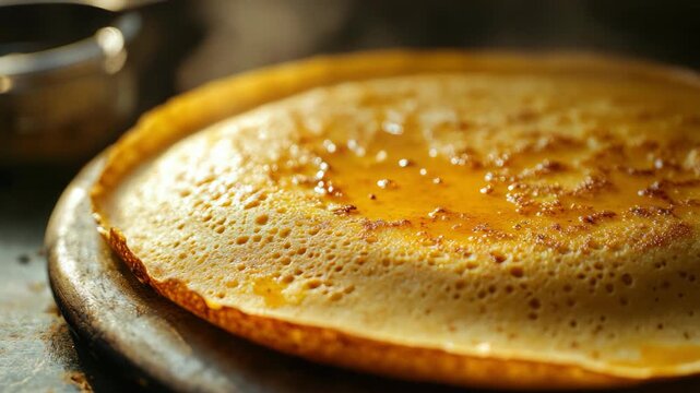 A cook prepares a golden flapjack on a hot plate, ready to enjoy.