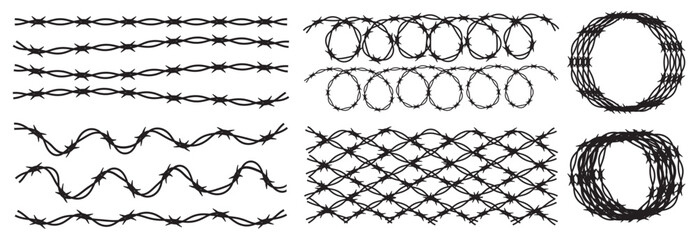 Barbed wire silBarbed wire silhouette vector -White background with Black barbed wire horizontal vector. Straight line sharp barbed wire illustration vector