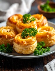 Delicious Vol-au-vents with Savory Filling and Parsley Garnish.
