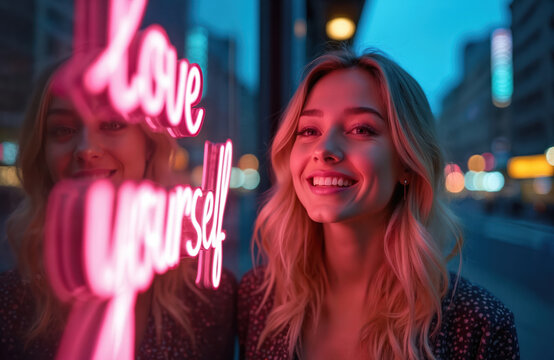 Blonde woman smiles at neon sign reading love yourself. Reflection in glass shows woman and pink light text. City street at night, bokeh lights.