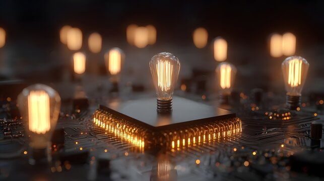 Numerous illuminated vintage style filaments glow upon a dark electronic circuit board