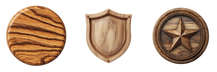 Set of handcrafted round wood shield on transparent png background. Ai generated