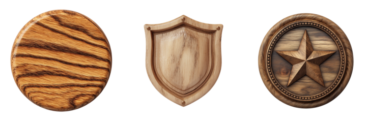 Set of handcrafted round wood shield on transparent png background. Ai generated