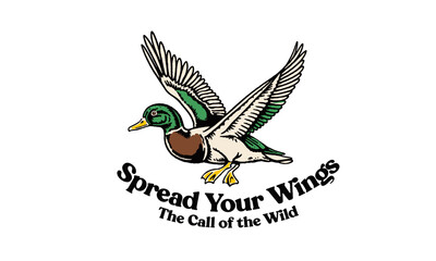 Naklejka premium vintage illustration of a flying mallard duck. Retro artwork with Spread Your Wings quote for a t-shirt